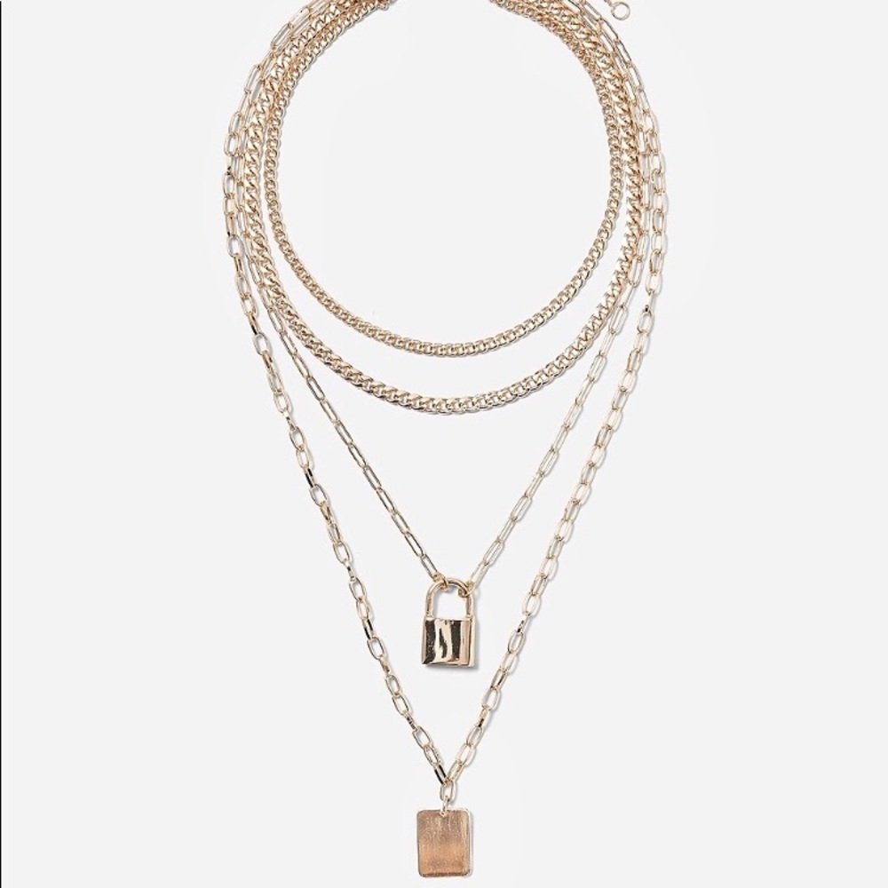 LAYERED CHAIN LOCKET DROP NECKLACE, Shiny Gold